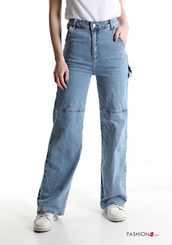 wide leg Cotton Jeans with buttons with zip with pockets