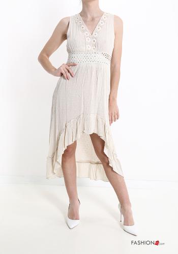 Embroidered lace trim Sleeveless Dress with flounces with v-neck with bow