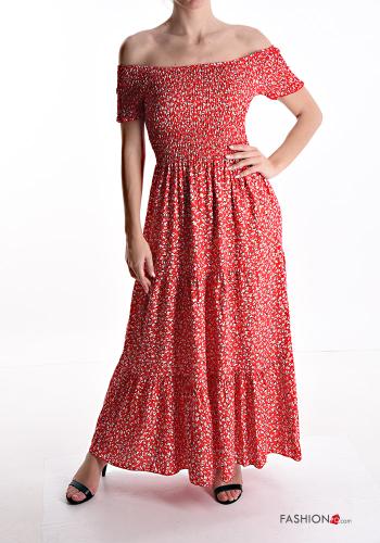 Floral long Cotton Dress with elastic bardot neckline with flounces - ph 1