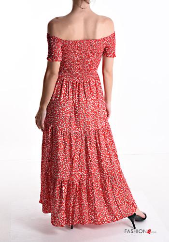 Floral long Cotton Dress with elastic bardot neckline with flounces - ph 2