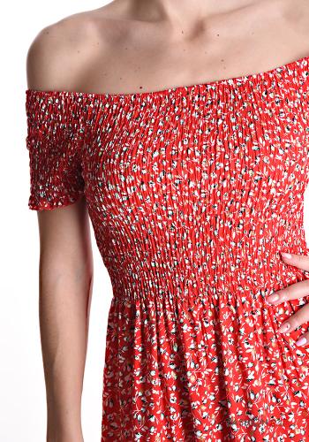 Floral long Cotton Dress with elastic bardot neckline with flounces - ph 4