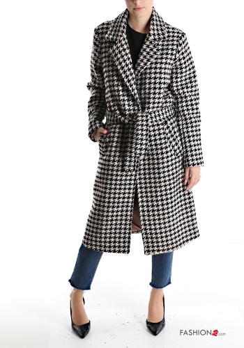 Houndstooth Coat with belt with pockets with buttons - ph 1