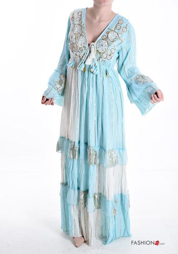 long sleeve long adjustable Dress with flounces plunging neckline with v-neck