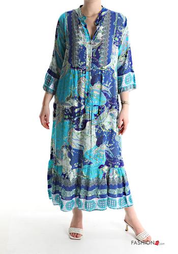 Abito in Cotone lungo Fantasia jacquard maniche a tre quarti con balze con bottoni - ph 1