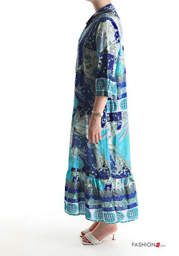 Abito in Cotone lungo Fantasia jacquard maniche a tre quarti con balze con bottoni - ph 3