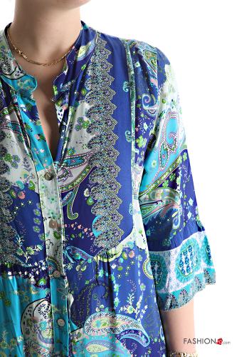 Abito in Cotone lungo Fantasia jacquard maniche a tre quarti con balze con bottoni - ph 4