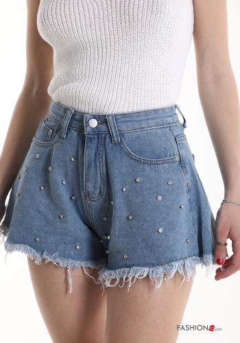 Pantaloncino Short in Cotone denim con strass con bottoni con zip con frange con tasche - ph 4