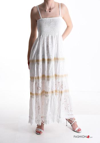 sleeveless long lace trim Cotton Dress with flounces broderie anglaise