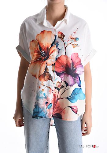 Camicia in Lino maniche corte con colletto Fantasia floreale con bottoni
