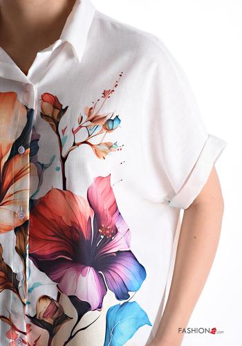 Camicia in Lino maniche corte con colletto Fantasia floreale con bottoni - ph 4