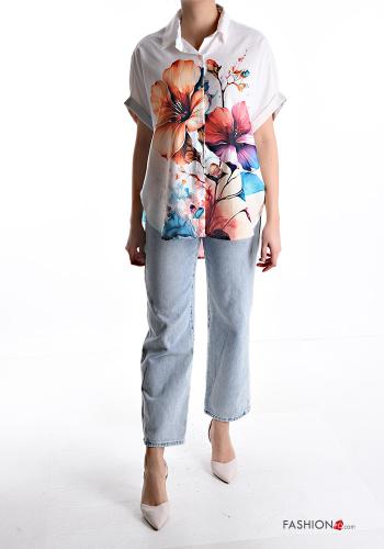 Camicia in Lino maniche corte con colletto Fantasia floreale con bottoni - ph 5