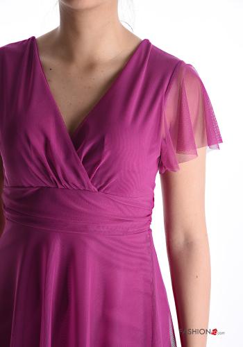 Abito scollato sulla schiena corto maniche corte tulle maniche in tulle scollo a V con fodera - ph 4