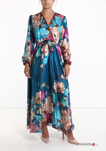 Floral long Dress with v-neck with sash - ph 1