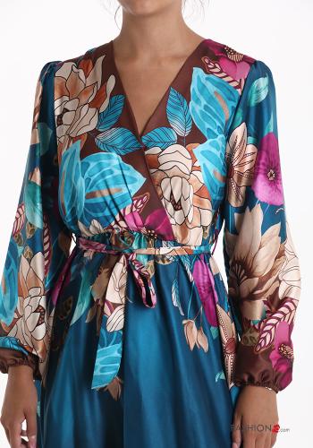 Floral long Dress with v-neck with sash - ph 4
