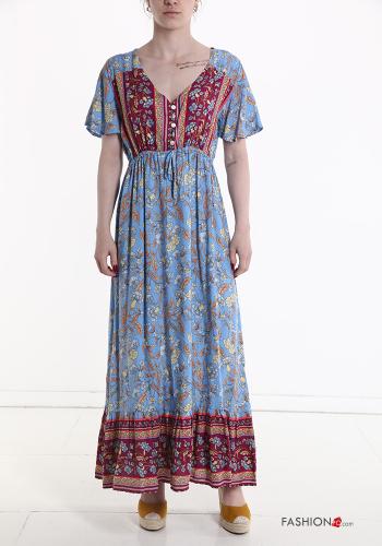 Robe en Coton manches courtes longue à Imprimé Floral à volants à col en V à boutons - ph 1