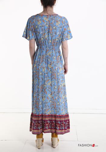 Robe en Coton manches courtes longue à Imprimé Floral à volants à col en V à boutons - ph 2