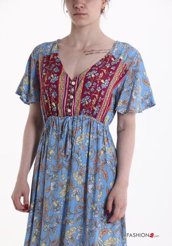 Robe en Coton manches courtes longue à Imprimé Floral à volants à col en V à boutons - ph 4