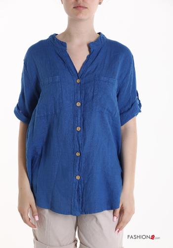 short sleeve Linen Shirt with buttons with v-neck with pockets - ph 1