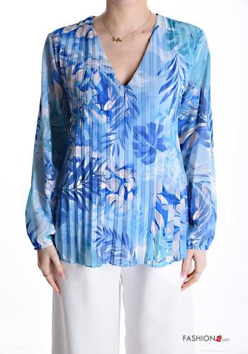 Leaf print pleated Blouse with v-neck