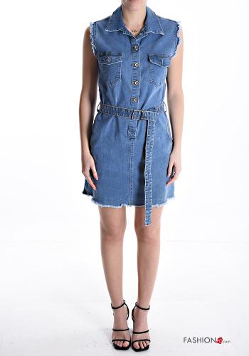 denim Cotton Sleeveless Dress with belt with pockets with buttons