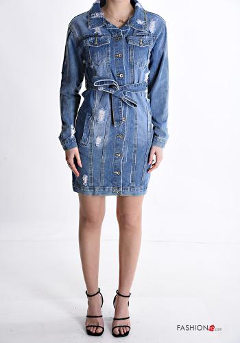 denim Cotton Dress with belt with pockets with buttons