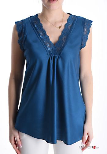 lace trim satin Tank-Top with v-neck
