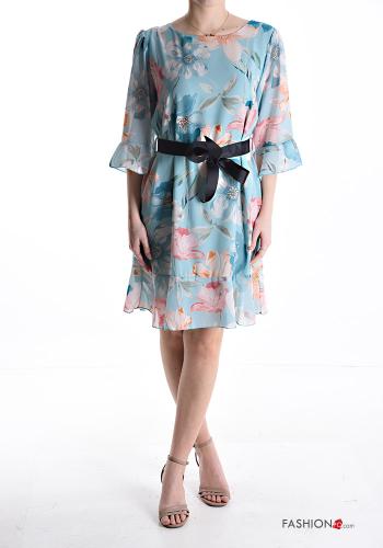 Floral ruffle sleeve crew neck knee-length Dress with fabric belt 3/4 sleeve with flounces