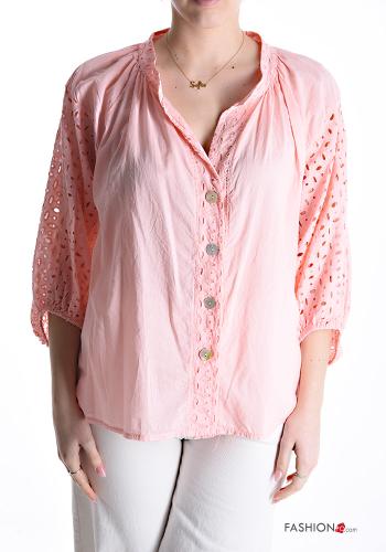 Camicia in Cotone in pizzo sangallo con bottoni maniche a tre quarti