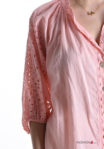 Camicia in Cotone in pizzo sangallo con bottoni maniche a tre quarti - ph 4