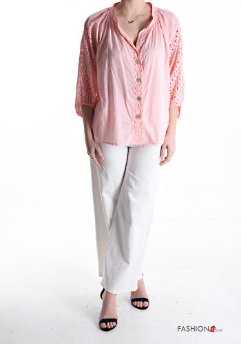 Camicia in Cotone in pizzo sangallo con bottoni maniche a tre quarti - ph 5