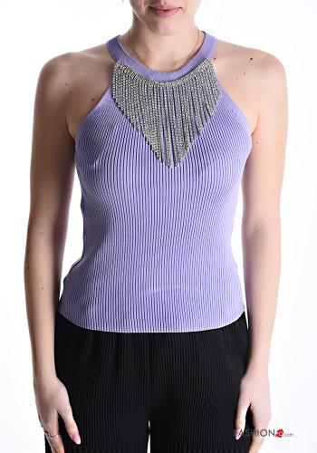 Top senza maniche costine girocollo con strass - ph 1