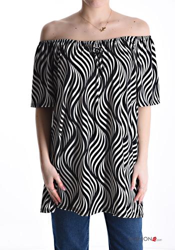 Blusa maniche corte lungo Fantasia optical con elastico scollo alla bardot - ph 1