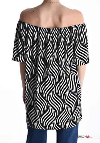 Blusa maniche corte lungo Fantasia optical con elastico scollo alla bardot - ph 2