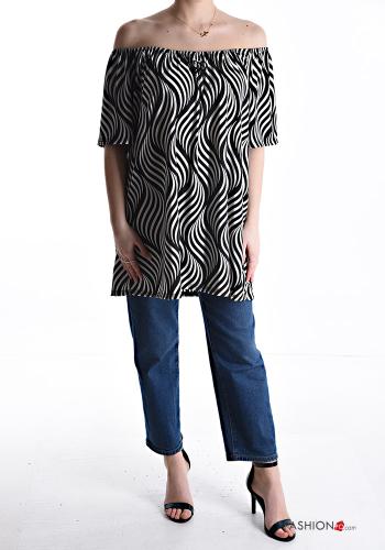 Blusa maniche corte lungo Fantasia optical con elastico scollo alla bardot - ph 5