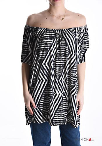 Blusa manga corta largo Estampado Geométrico con elástico escote bardot - ph 1