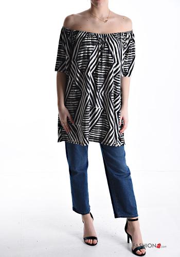 Blusa manga corta largo Estampado Geométrico con elástico escote bardot - ph 5