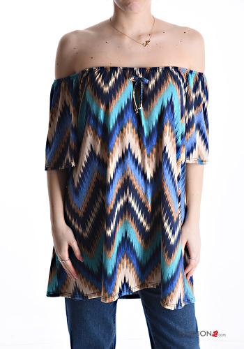 Geometrisches Muster kurze ärmel lange Bluse mit gummizug bardot-ausschnitt - ph 1