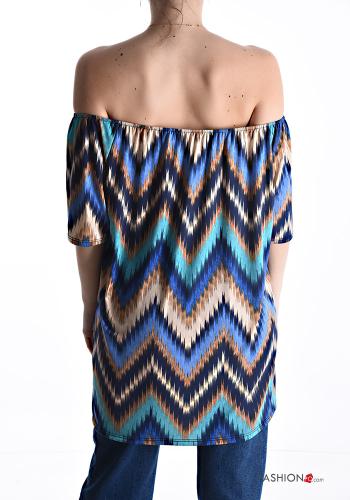 Geometrisches Muster kurze ärmel lange Bluse mit gummizug bardot-ausschnitt - ph 2