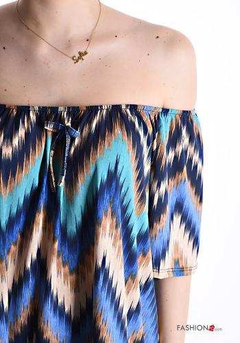Geometrisches Muster kurze ärmel lange Bluse mit gummizug bardot-ausschnitt - ph 4