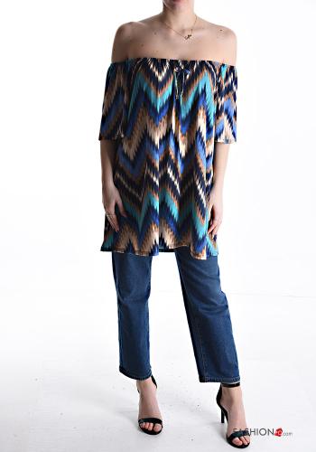 Geometrisches Muster kurze ärmel lange Bluse mit gummizug bardot-ausschnitt - ph 5