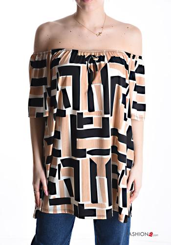 Geometrisches Muster kurze ärmel lange Bluse mit gummizug bardot-ausschnitt