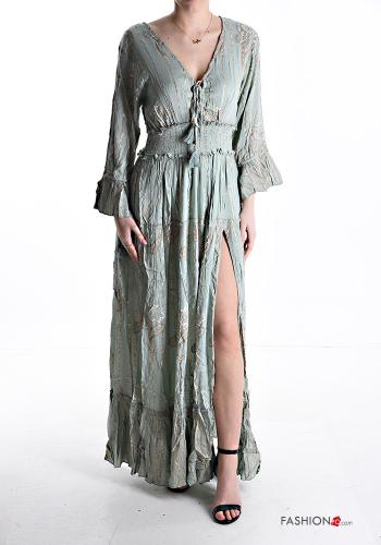 Besticktes Muster verstellbarer lange volantärmel Kleid mit V-Ausschnitt mit schlitz