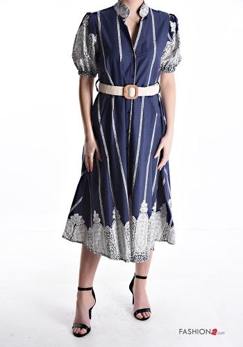 Mix Muster ballonärmel kurze ärmel Kleid aus Baumwolle mit Gürtel mit Taschen mit Knöpfen - ph 1