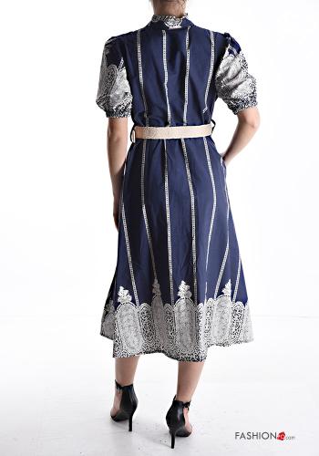 Mix Muster ballonärmel kurze ärmel Kleid aus Baumwolle mit Gürtel mit Taschen mit Knöpfen - ph 2