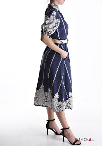 Mix Muster ballonärmel kurze ärmel Kleid aus Baumwolle mit Gürtel mit Taschen mit Knöpfen - ph 3