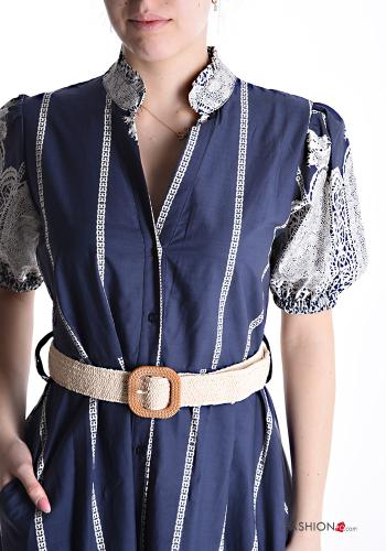 Mix Muster ballonärmel kurze ärmel Kleid aus Baumwolle mit Gürtel mit Taschen mit Knöpfen - ph 4