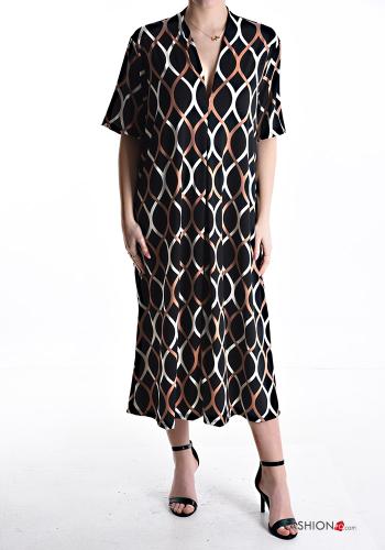 Optical-print short sleeve long oversized Dress with v-neck