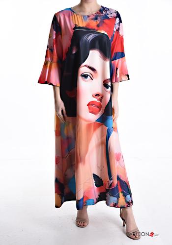 Patterned long crew neck oversized Dress 3/4 sleeve