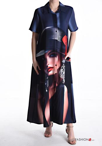 Patterned short sleeve with collar long Shirt dress with buttons with pockets