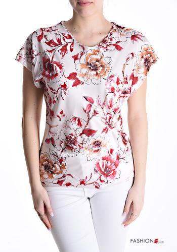 Blumenmuster kurze ärmel u-boot ausschnitt Bluse mit knoten - ph 1